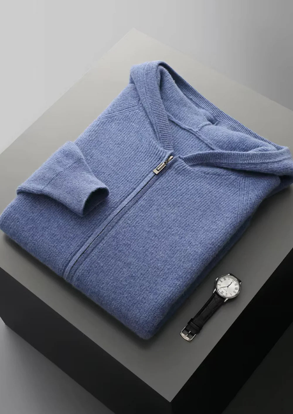 Geribbelde hoodie met rits van zuivere extra fijne merinowol