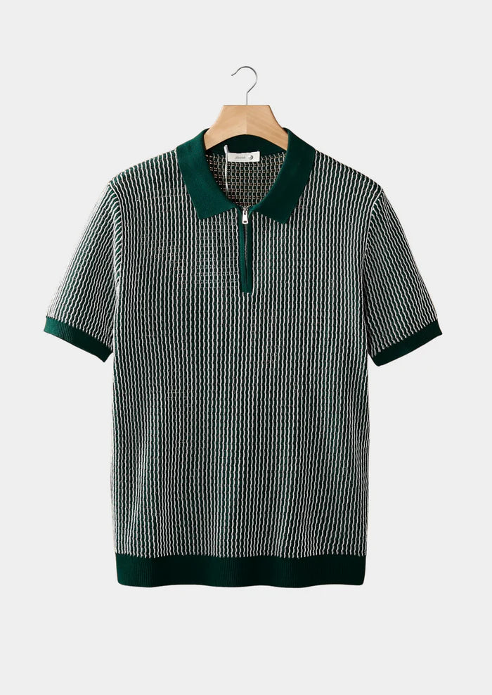 GROENE GEOMETRISCHE GETEXTUREERDE POLO MET RITS