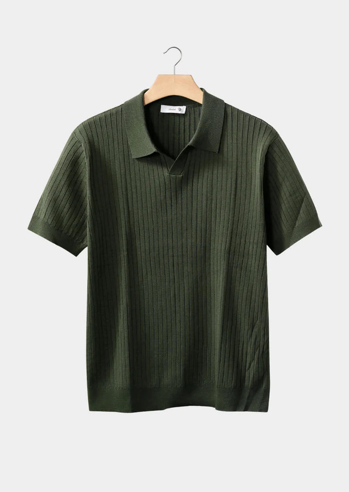 Olijfgroen geribbeld poloshirt zonder knopen